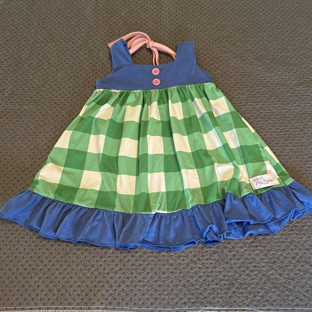 Posh Princess Girls 3T Green/Blue/White Check Sundress Sleeveless Ruffle Bow
